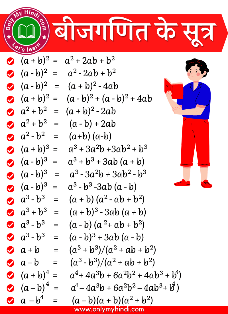 बीजगणित के सूत्र algebra formulas hindi