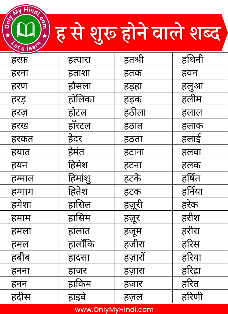 ह से शुरू होने वाले शब्द, ha se shabd in hindi